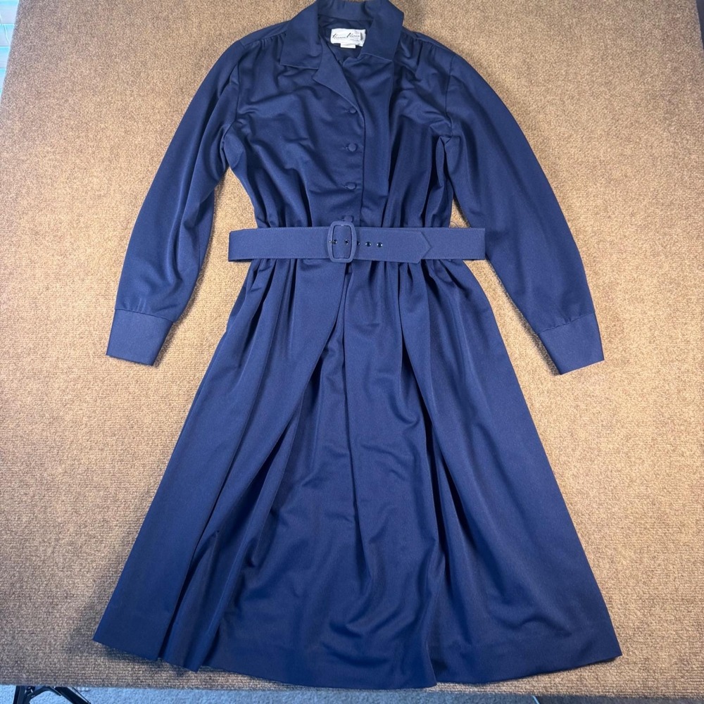 Vintage 80s Herman Marcus Long Sleeve Belted Midi Dress Size M USA Navy Blue